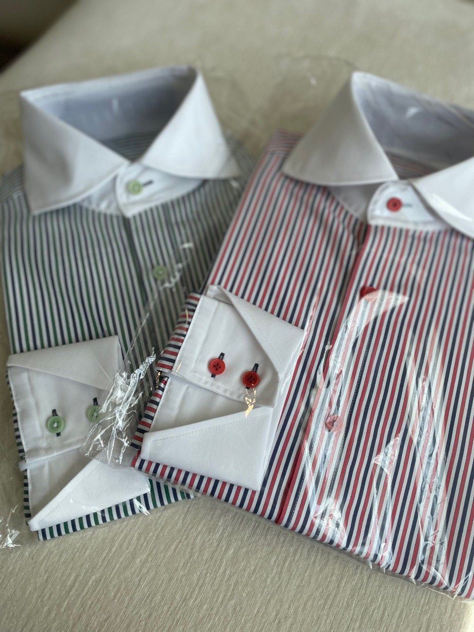 Striped custom dress shirts with contrast collars
